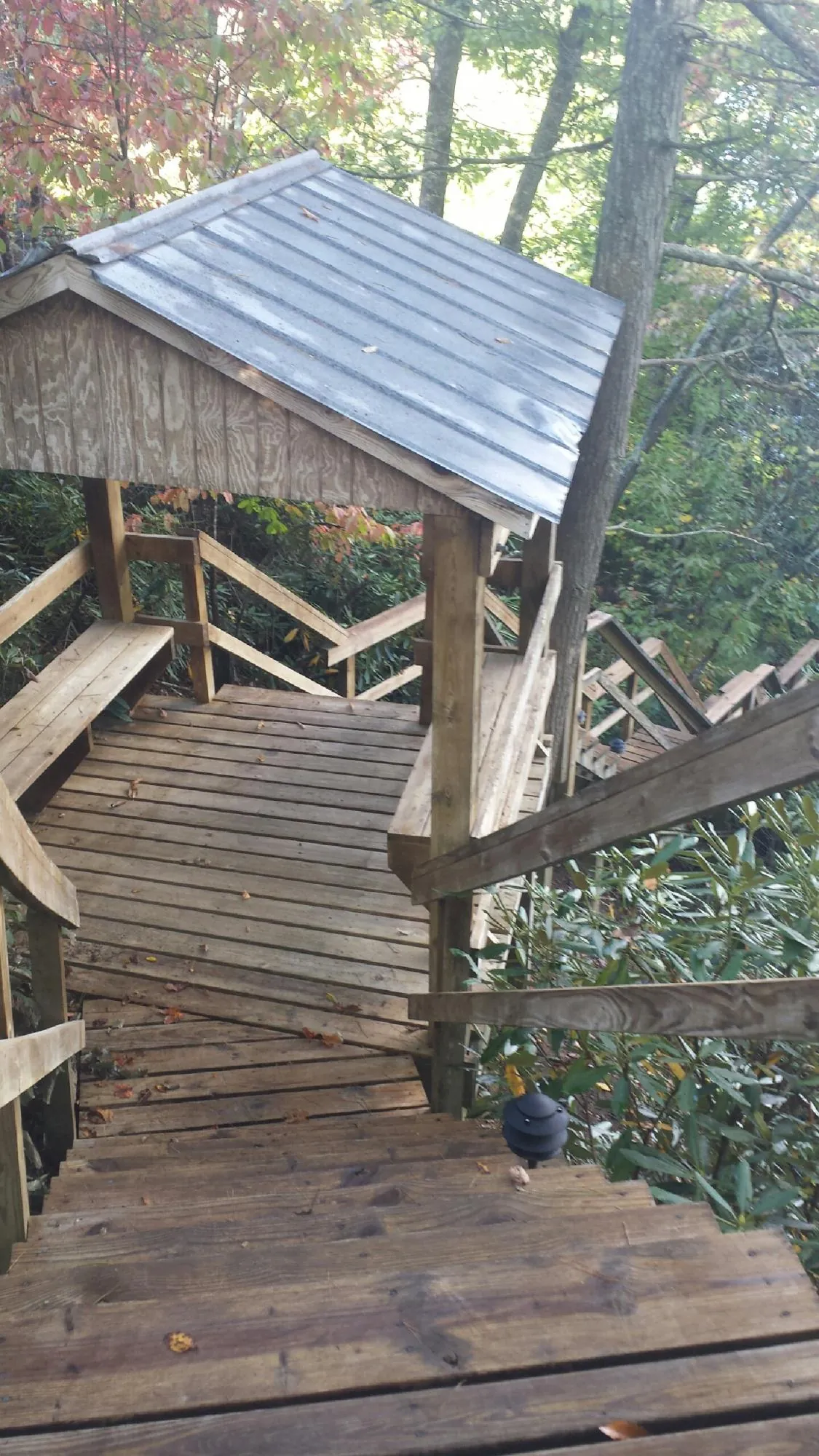 Metal roofed shelter over wooden steps on a wooded walkway — Skylight Repair & Installation work by our crew in Wagram
